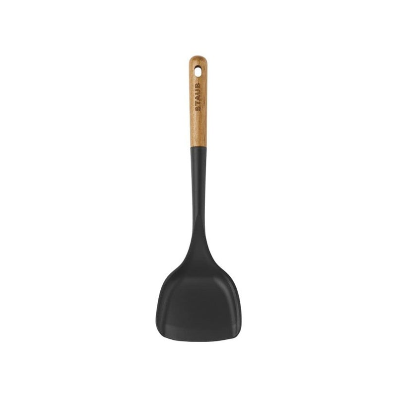STAUB Silicone Wok Turner, Black, 12.2 Inch, Oval Shape, Wood Handle - Image 3
